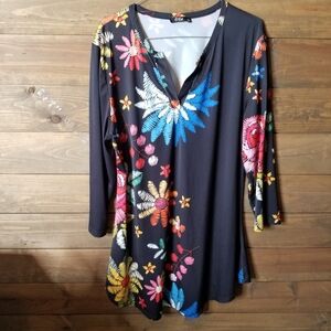 Lily By Firmainia Black Vibrant Floral Hippy Boho Tunic Dress Sz Lg